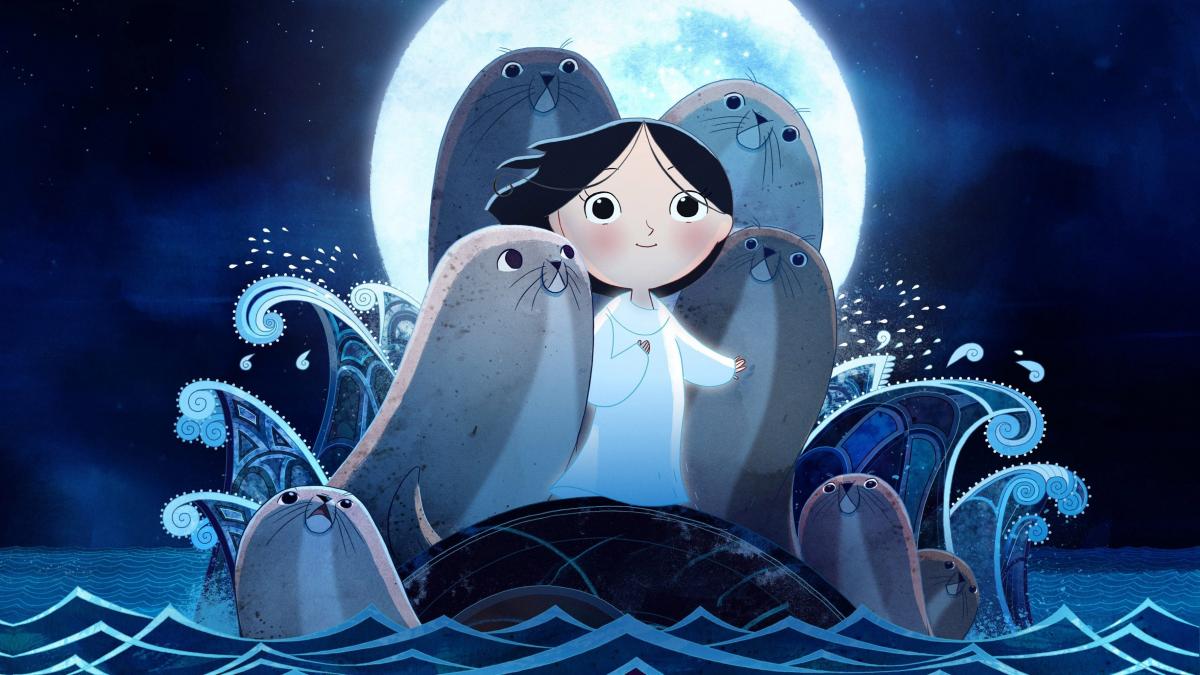 animated girl standing on rocks with seals and moon
