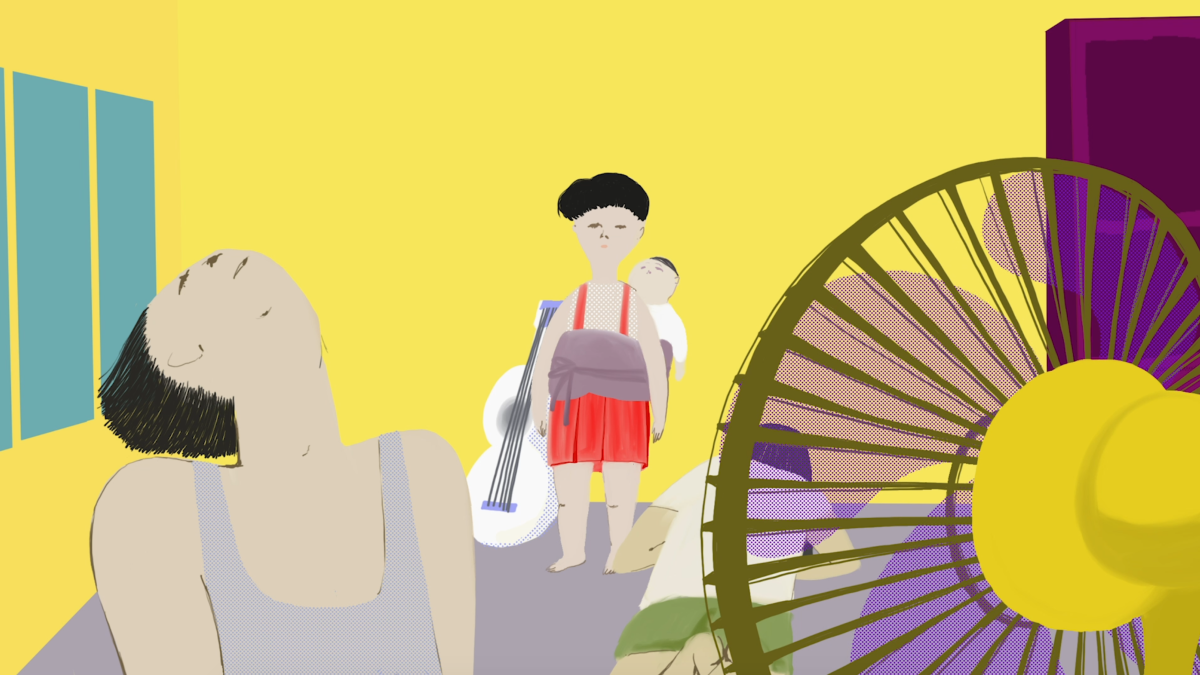 animated image of boy and woman sitting in front of fan in yellow room