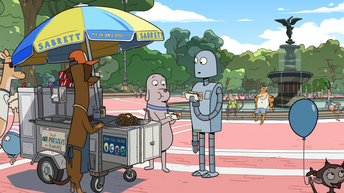 animated robot and dog holding hot dogs in park