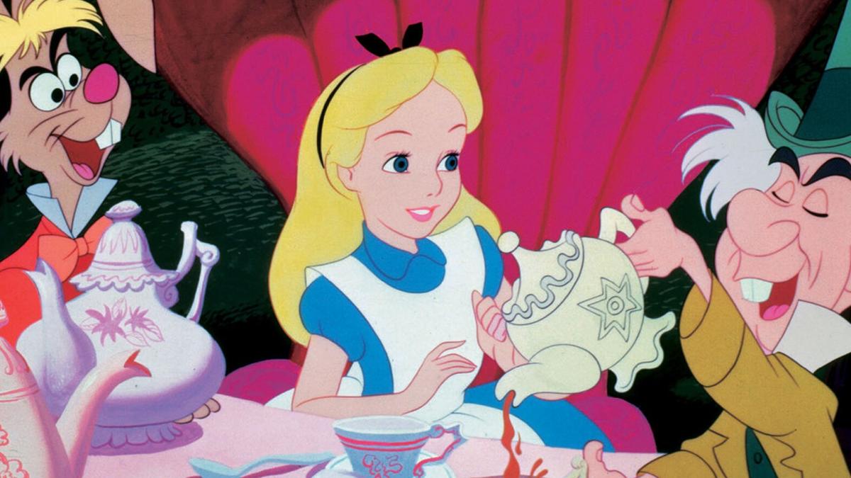 animated girl having tea with rabbit and elderly man