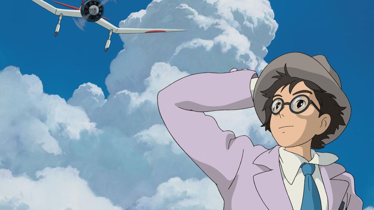 animated man wearing suit, glasses, and hat looking up in sky at plane flying low