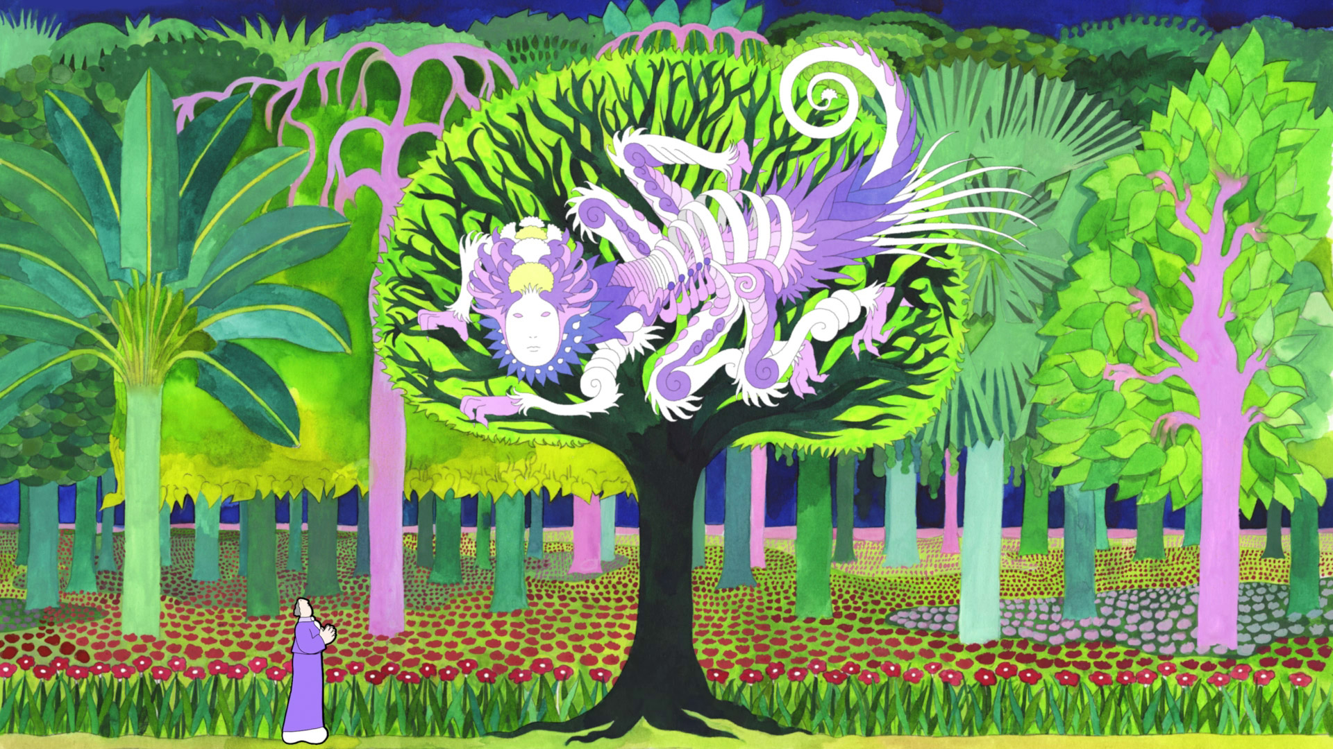 animated forest with large purple animal sitting in tree