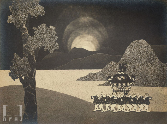 animated group of people walking together in front of mountains and sun