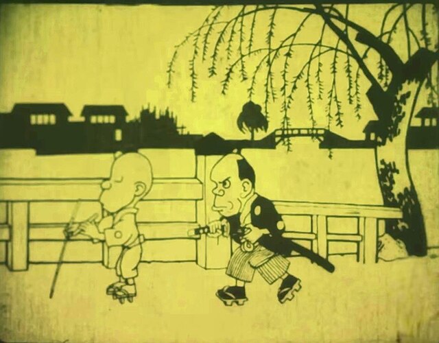 yellow tinted cartoon man following another man outside near water