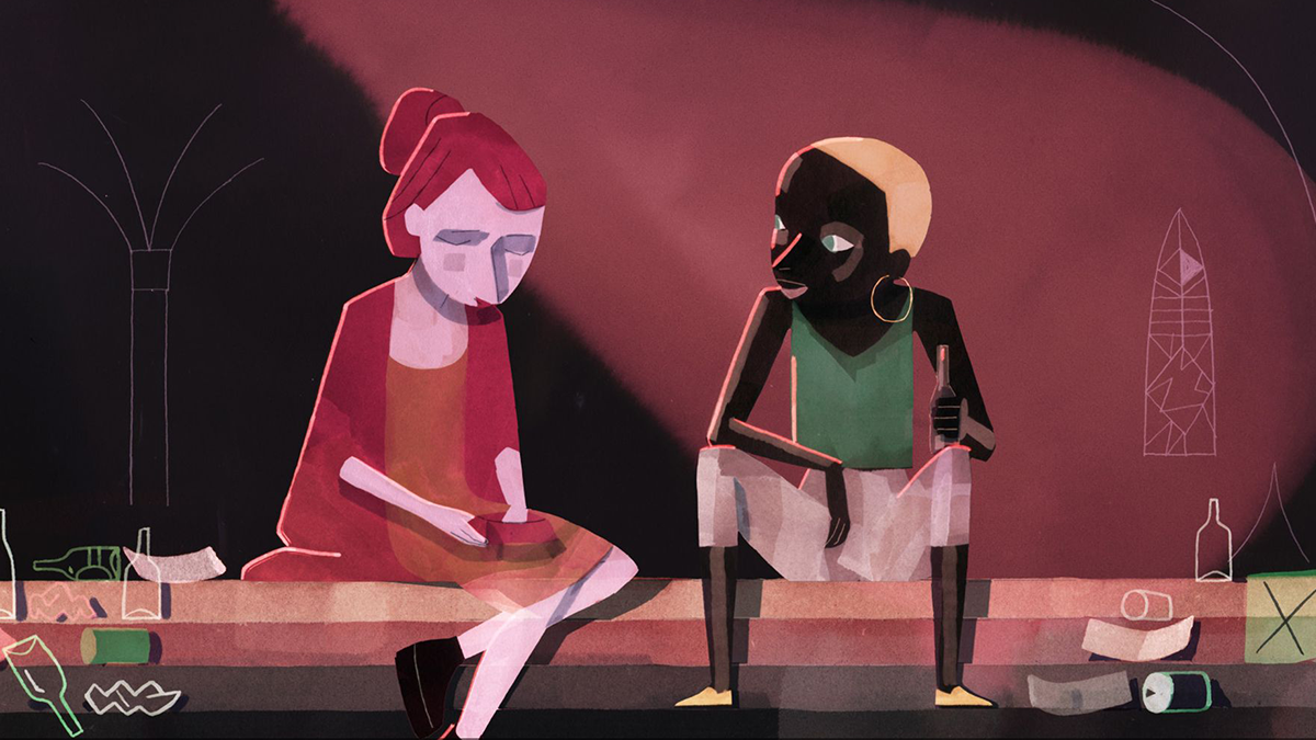 Two people sitting and sharing drinks