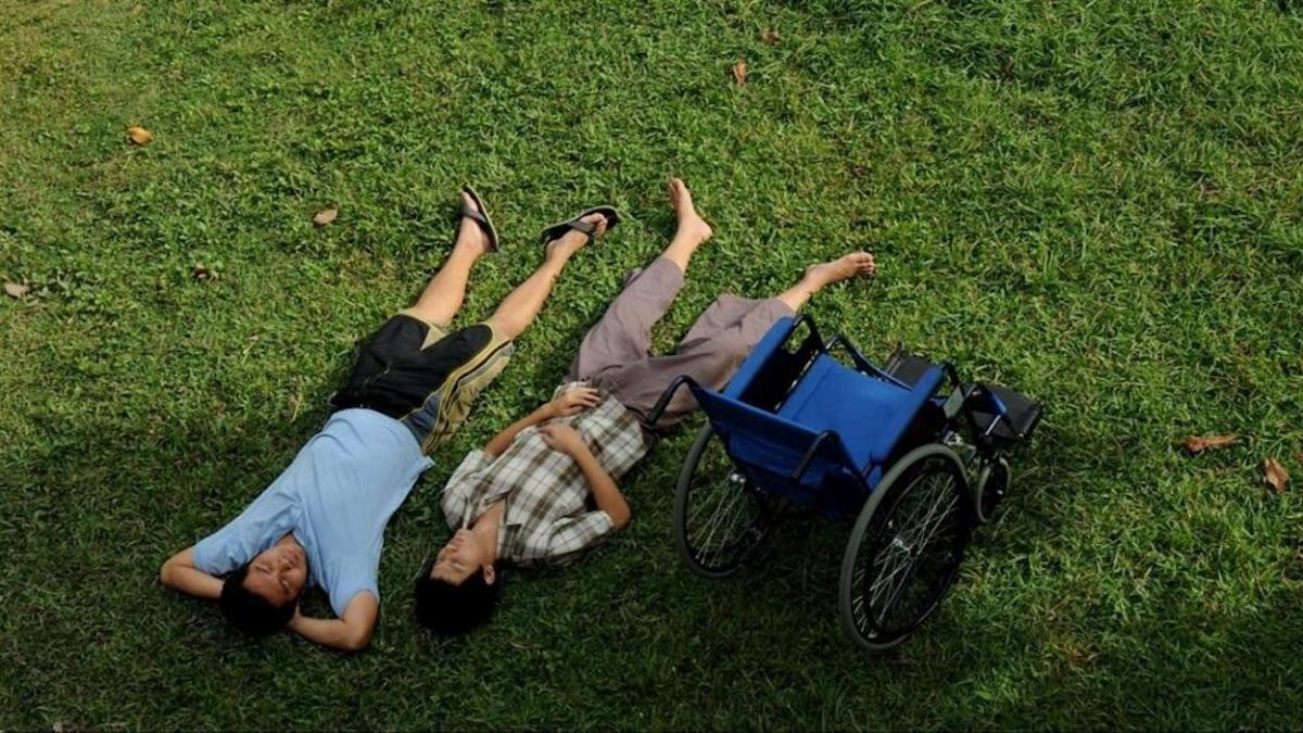 two people laying in grass with wheelchair