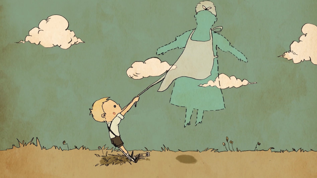 boy holding onto floating figure