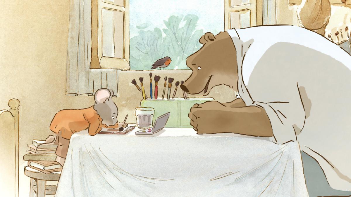 bear and mouse sitting at table