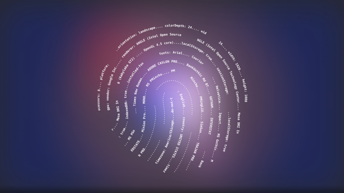 Words and numbers in white type arranged to form the impression of a fingerprint against a background of purples and blues. 