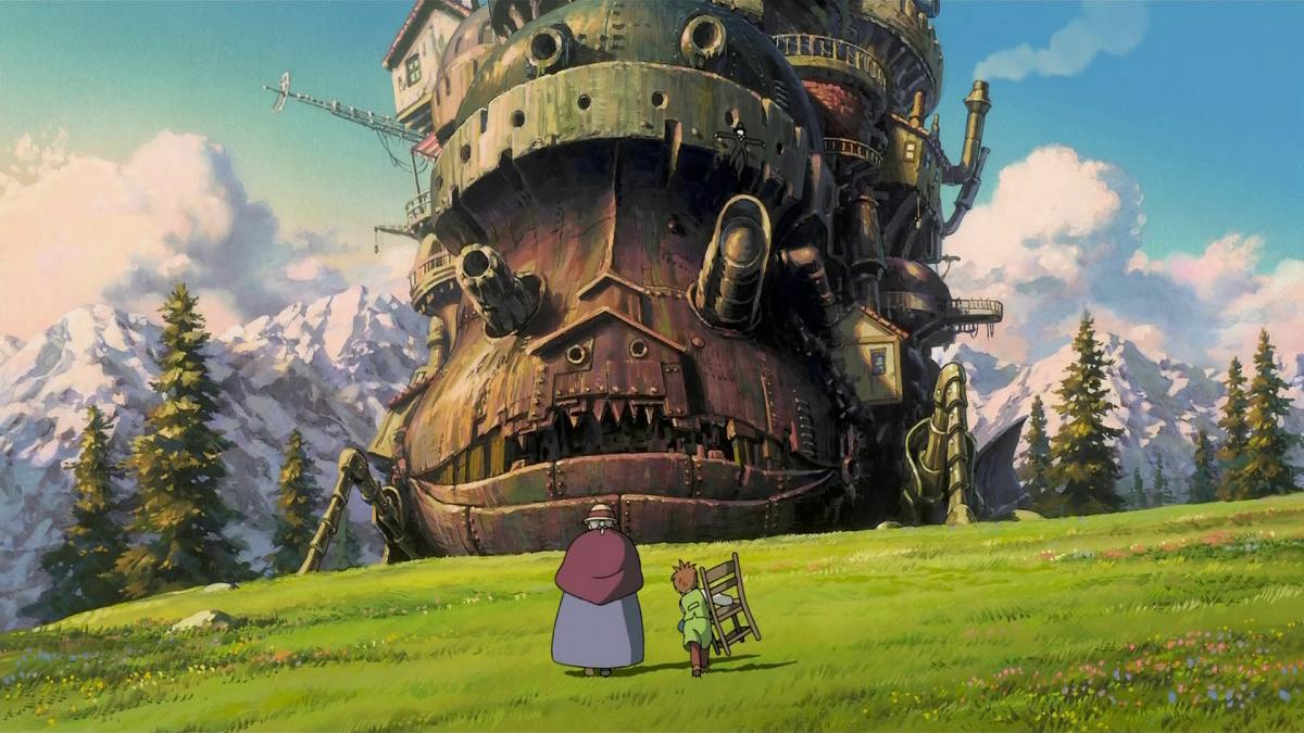 large wooden ship in mountains with woman and child looking up at it in grass