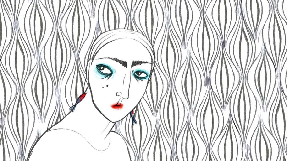 animated woman wearing blue eye shadow and red lipstick in front of black and white patterned backdrop