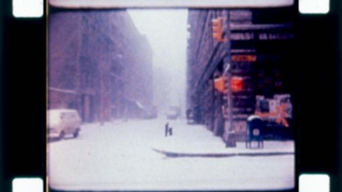 film strip of snowy street corner scene