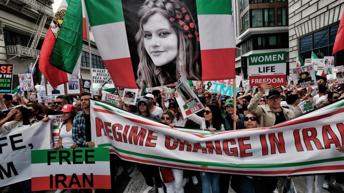 people protesting with signs, iranian flags and black and white poster of woman's face