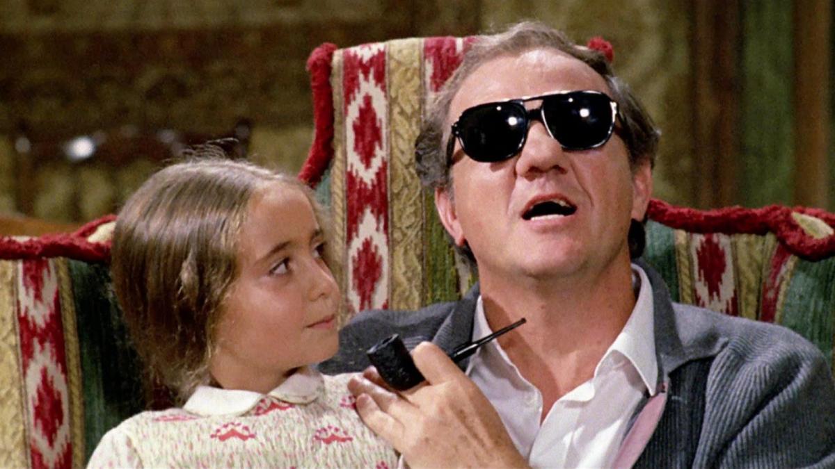 man with sunglasses on sitting in chair with young girl