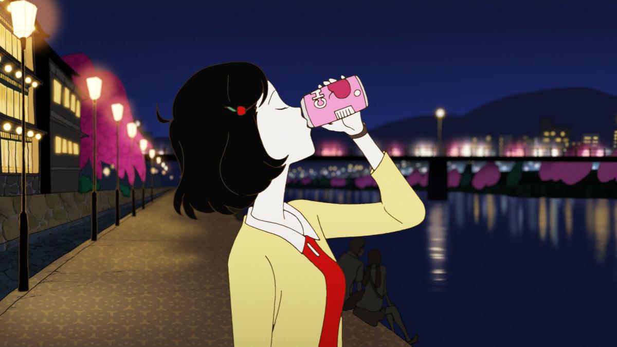 animated girl drinking a soda standing by water on pier at night