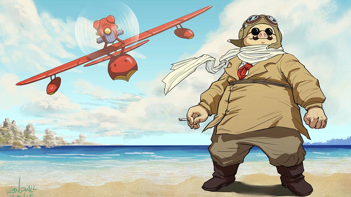 animated pig in pilot uniform standing on beach with red plan in background
