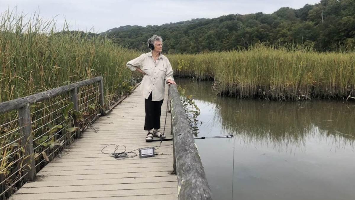 woman standing on bridge near water and marsh wearing headphones