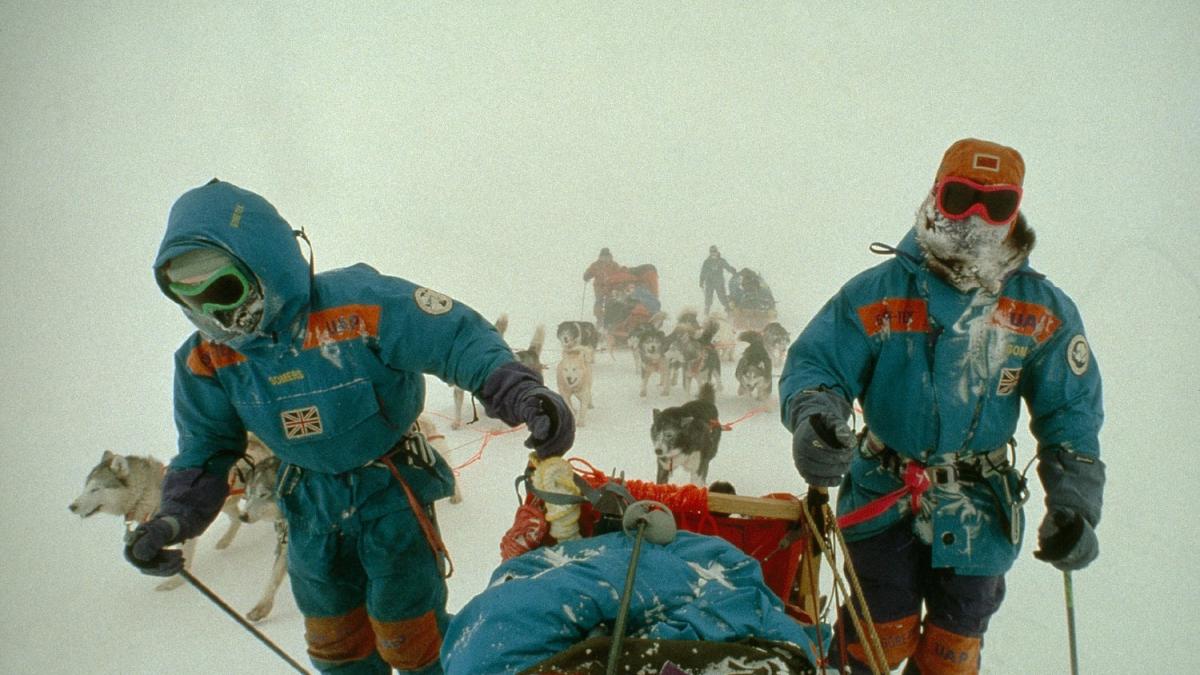 people mushing through snow with dogsled