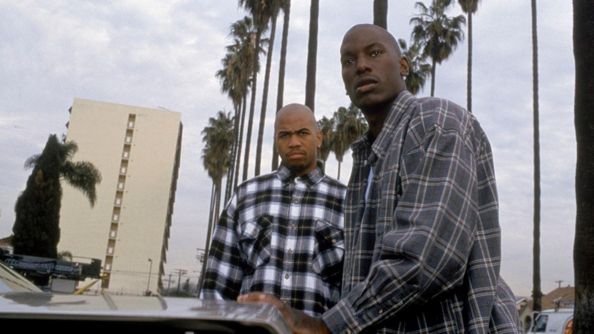 two men standing outside in flannel shirts with palm trees behind them