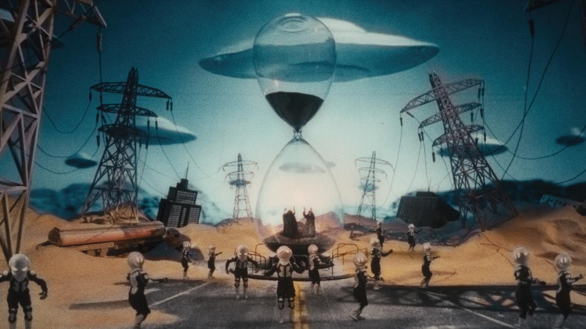 desert landscape with UFOs and telephone lines