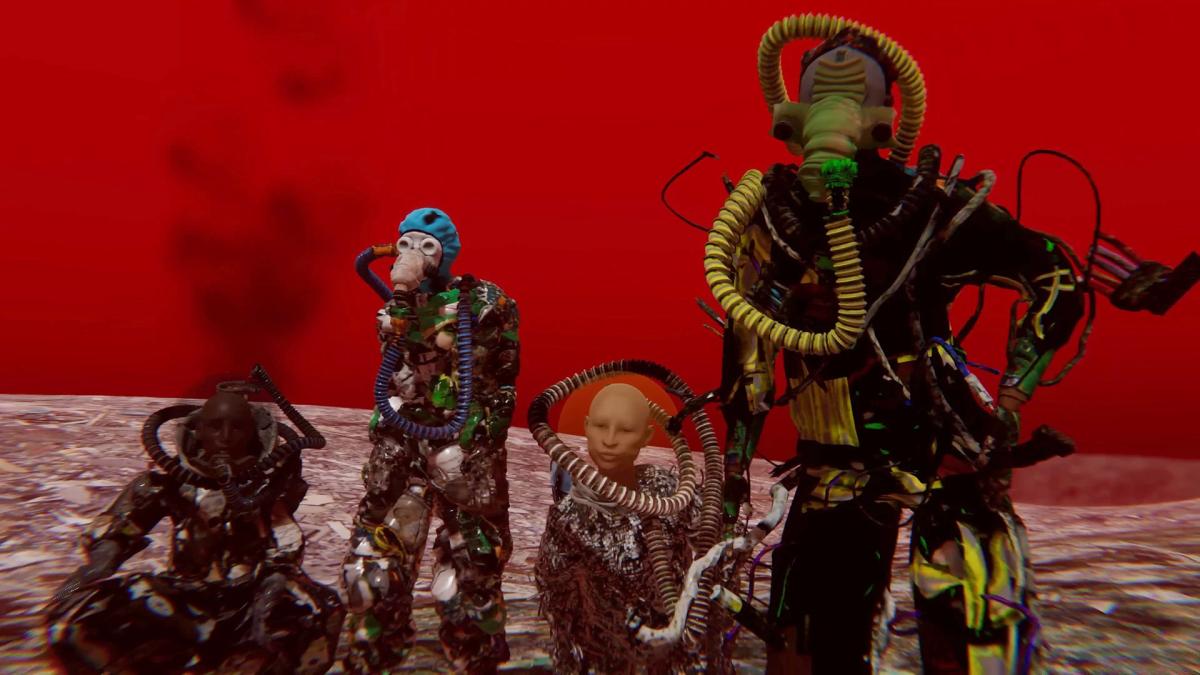 four figrues in gas masks and costumes with red background