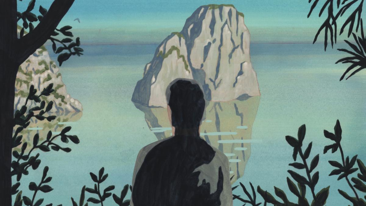 animated silhouette looking out onto ocean