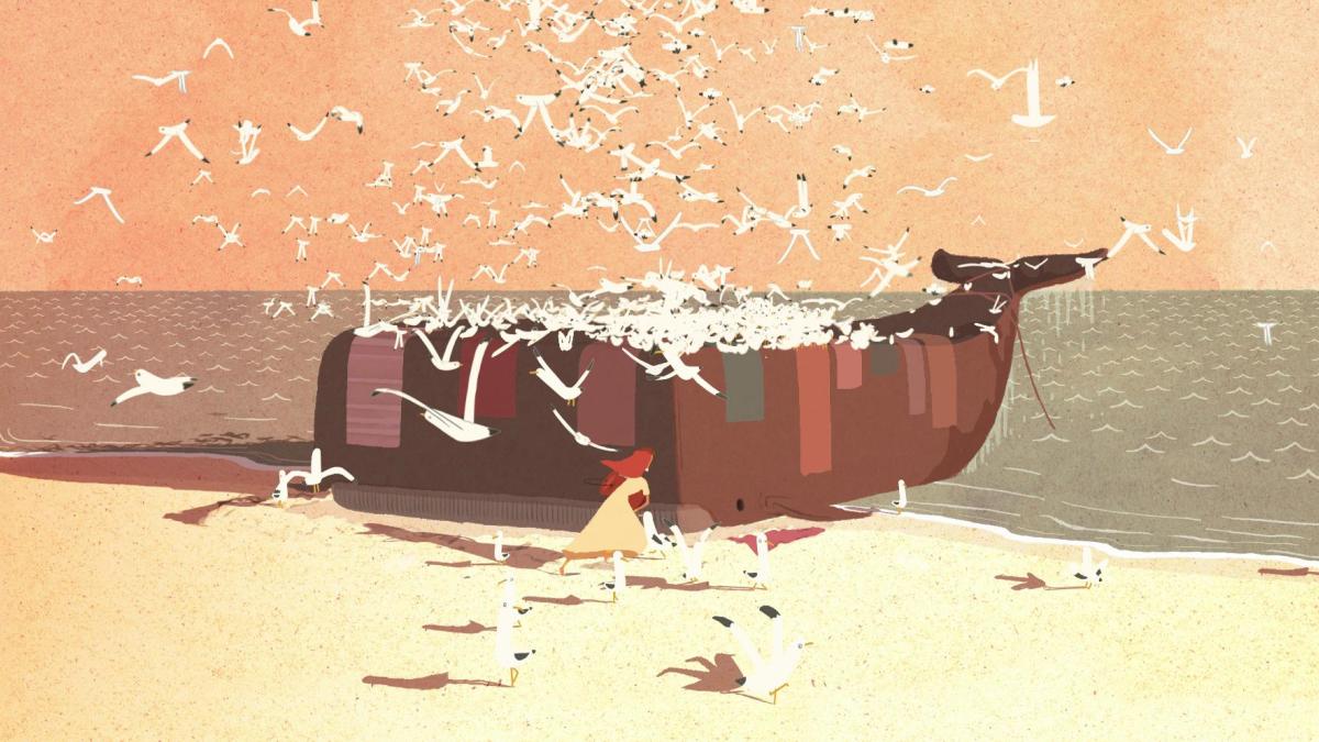 animated beached whale with seagulls sitting on top and flying overhead