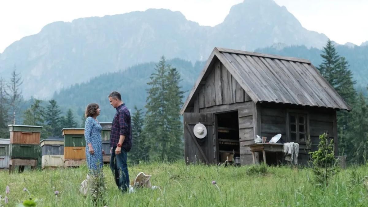 couple standing facing each other in front of cabin and mountains in the background