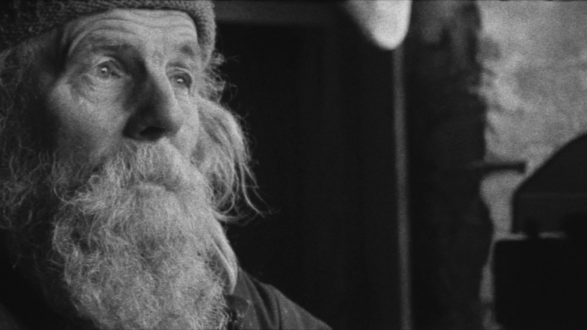 BOGANCLOCH, 2024, black and white image of elderly man with white long beard looking into distance