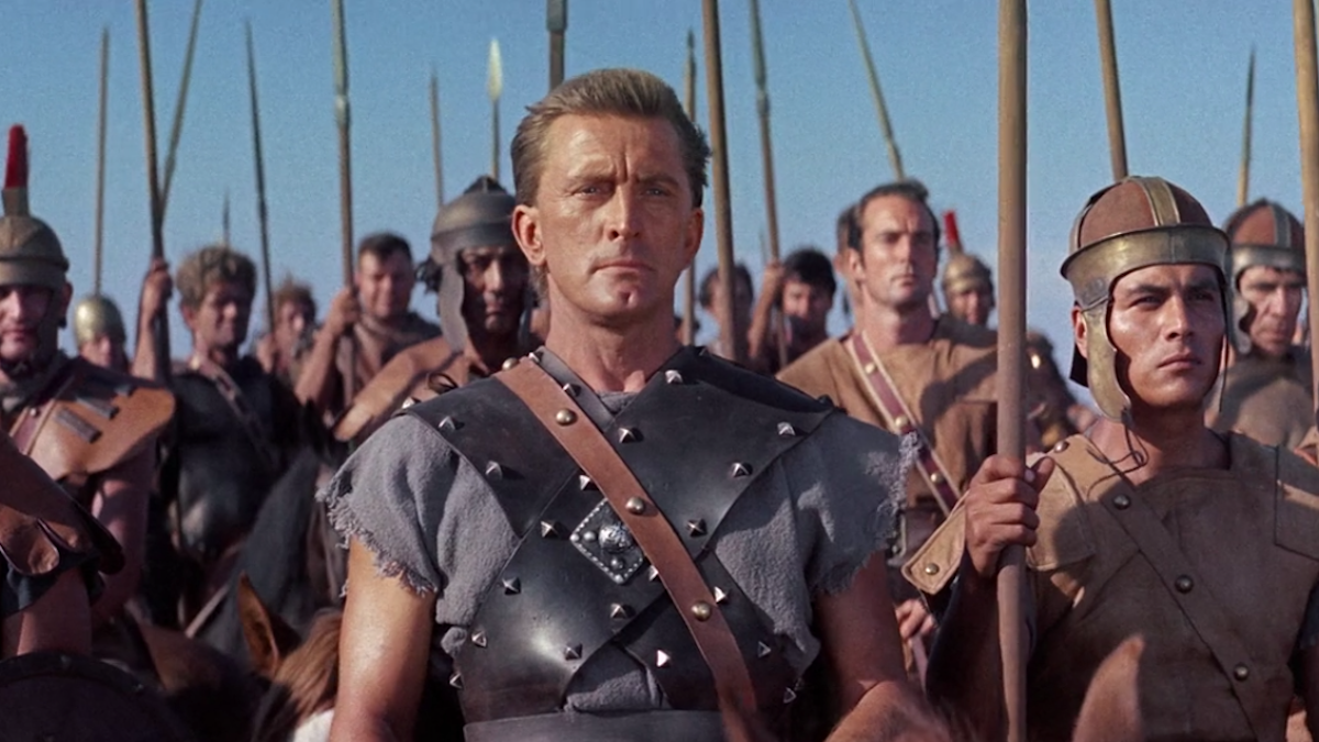 SPARTACUS, 1960, roman soldier standing with army holding weapons