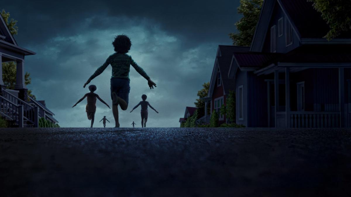 WEAPONS, 2025, three silhouettes running away on street