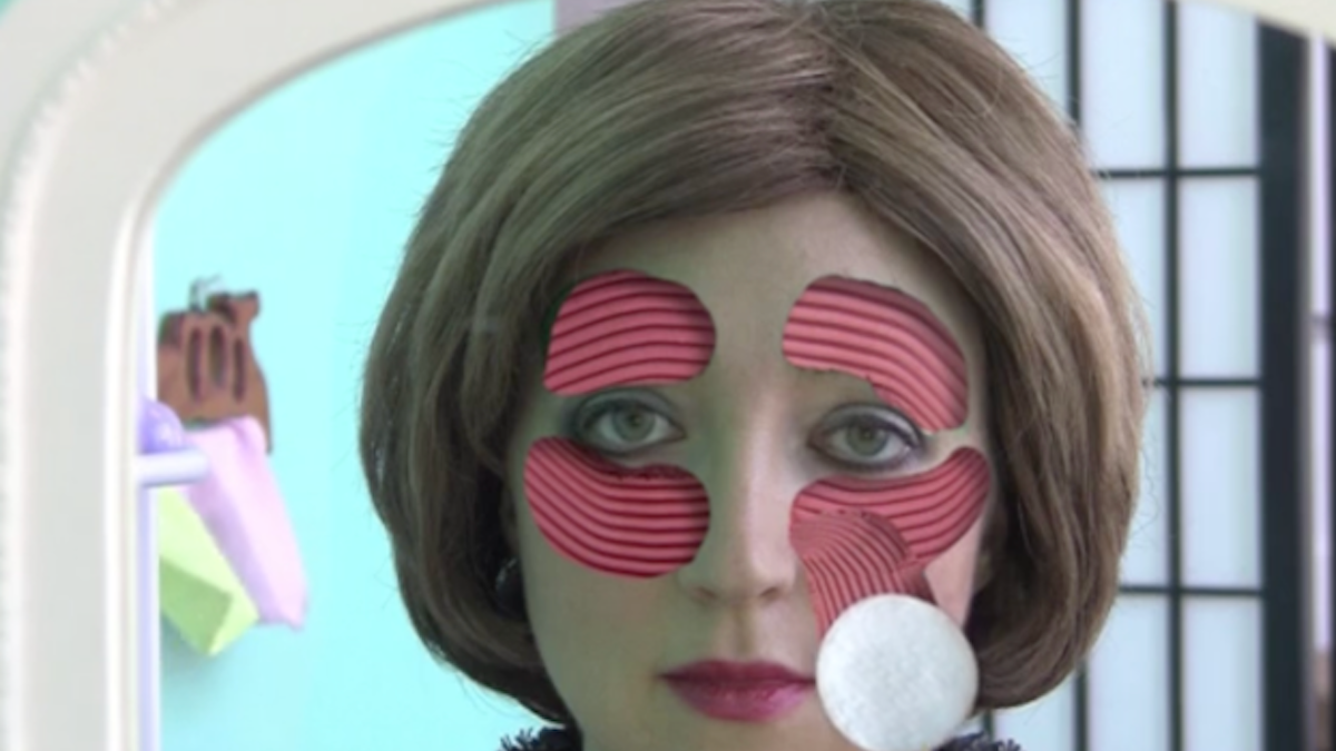 WHISPERING PINES, surrealist image of woman looking in mirror with sections of red and pink stripes on her face