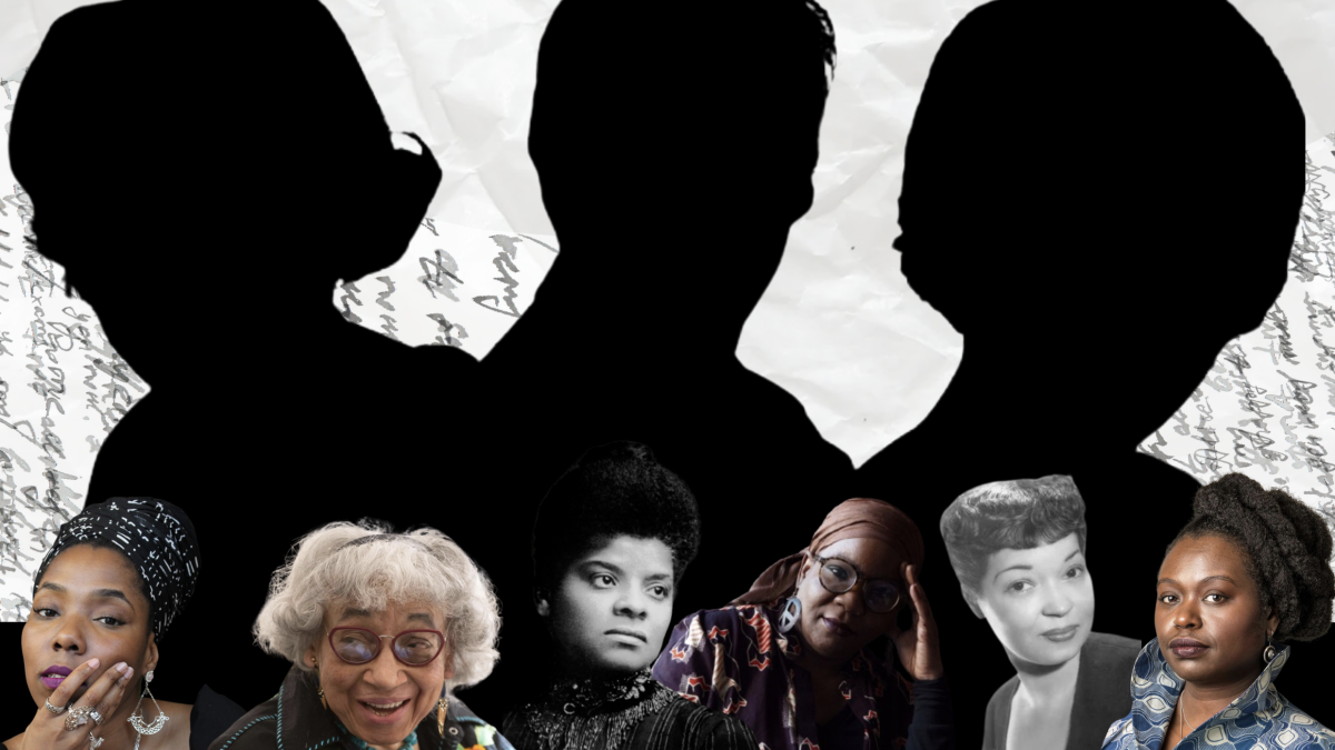 INVISIBLE GIANTS, 2024, silhouettes of three woman with smaller silhouettes of photographs of women imposed below