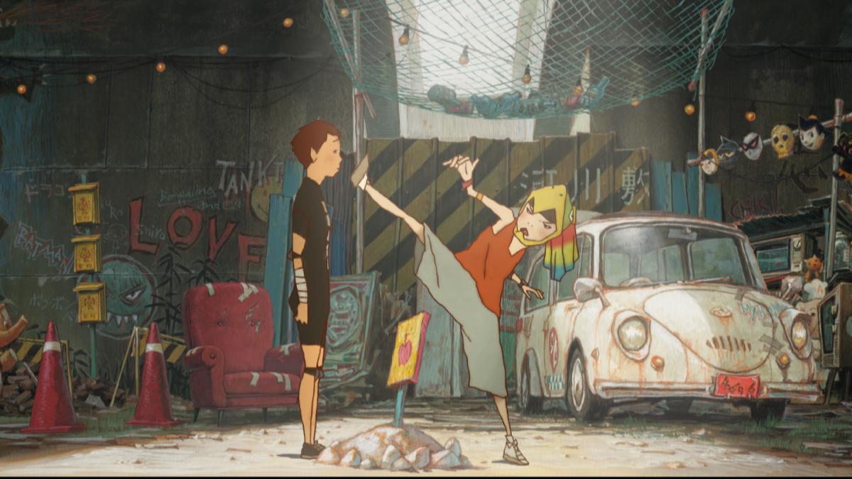 TEKKONKINKREET, 2006, animated girl wearing jeans and round kicking leg in front of man standing in front of her in city street