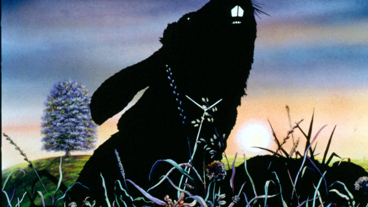 WATERSHIP DOWN, 1978, animated black rabbit with head held to sky and sunrise behind him