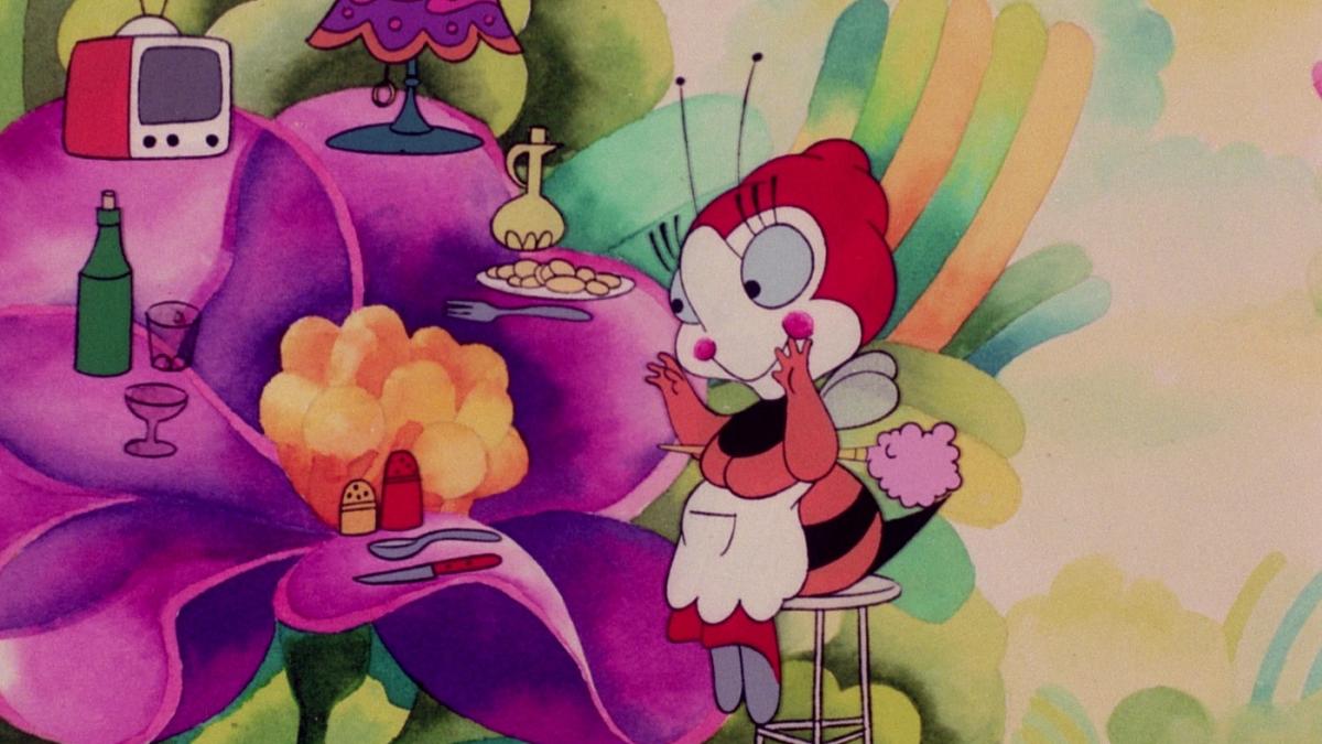 ALLEGRO NON TROPPO, 1976, animated bee delightfully looking at large purple flower