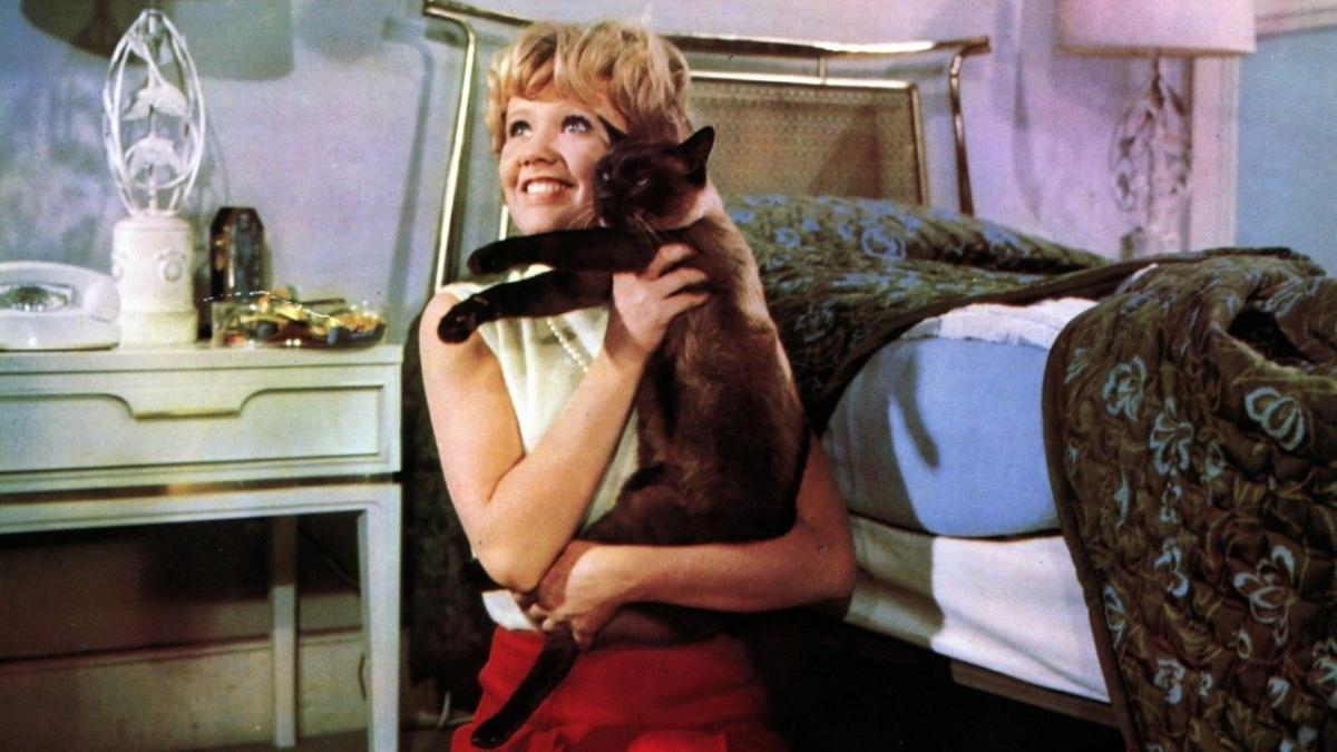 THAT DARN CAT!, 1965, young girl with blonde hair seated on bedroom floor holding black cat in arms and smiling