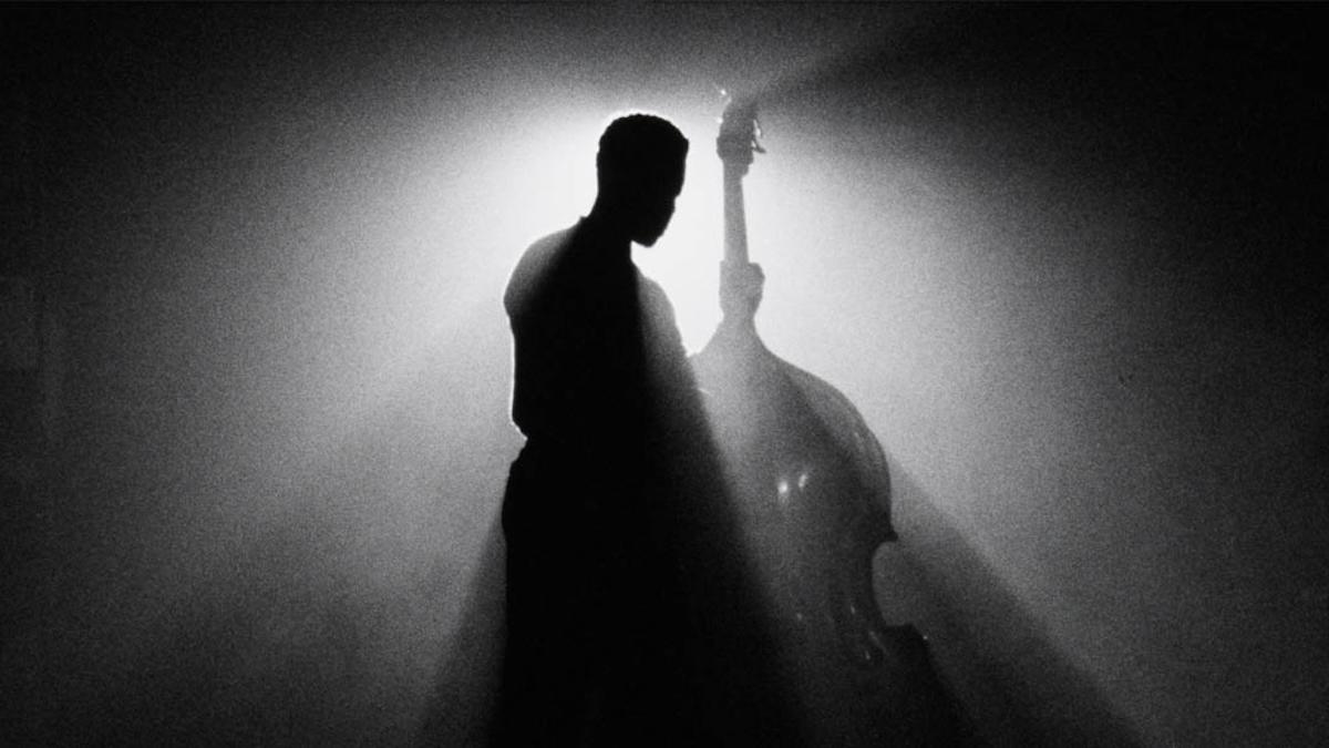 BAILEY'S BLUES, 2025, silhouette of man on stage playing cello with spotlight behind him
