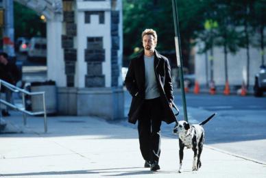 man walking down city street in casual clothes walking a dog 