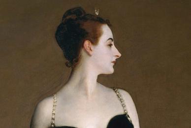 painting of woman with hair in bun wearing dress
