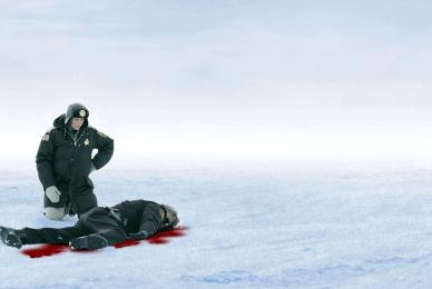 police woman leaning over dead body in snow covered field